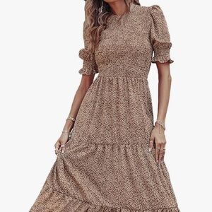 NWT XL Bohemian Leopard Print Maxi Dress Smocked Bodice